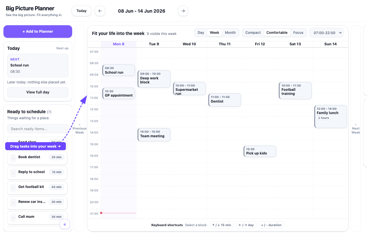 Big Picture Planner — Life Inbox on the left, full week calendar on the right with tasks dragged into place
